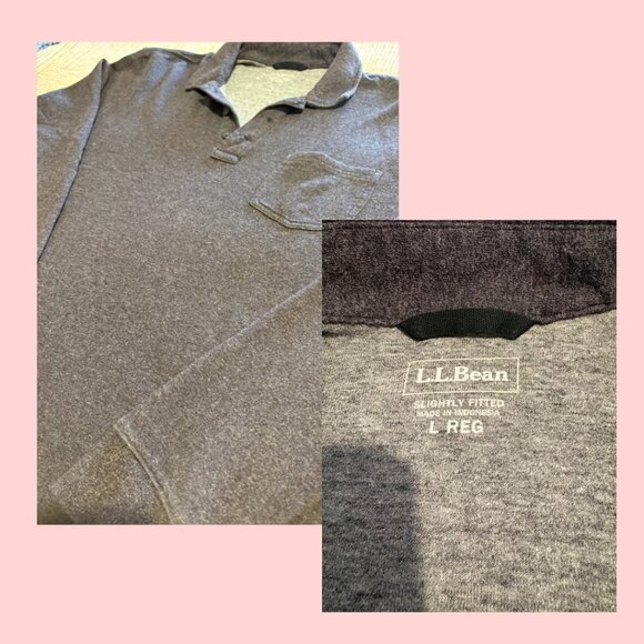 L.L. Bean Washed Cotton Double-Knit Polo, Long Sleeve, Black Heather, Size L - Picture 2 of 5